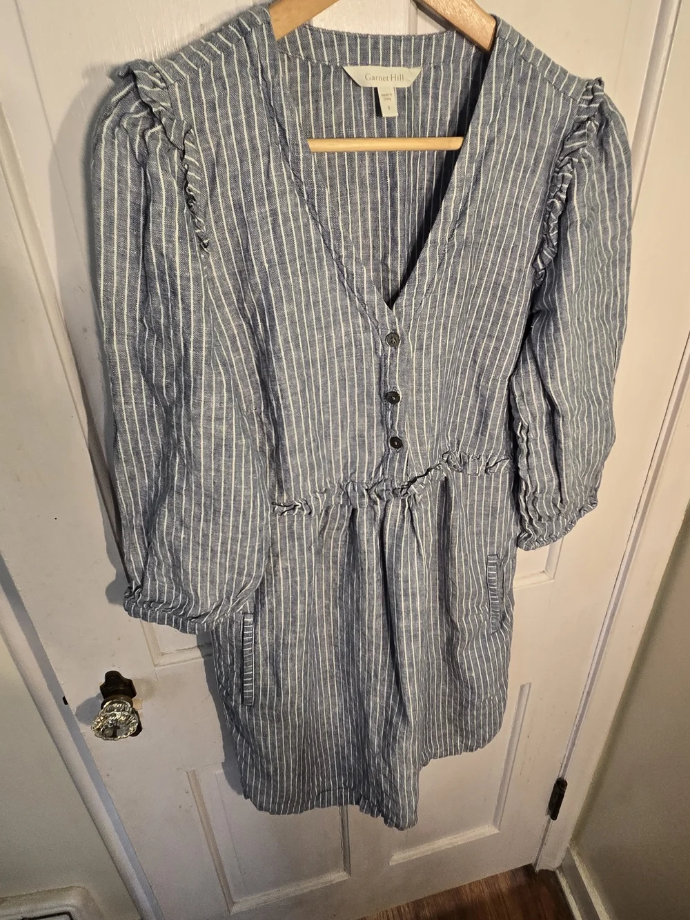 Garnet Hill Striped Blue Linen V-Neck Long Sleeve Dress Size 8 - Picture 3 of 7